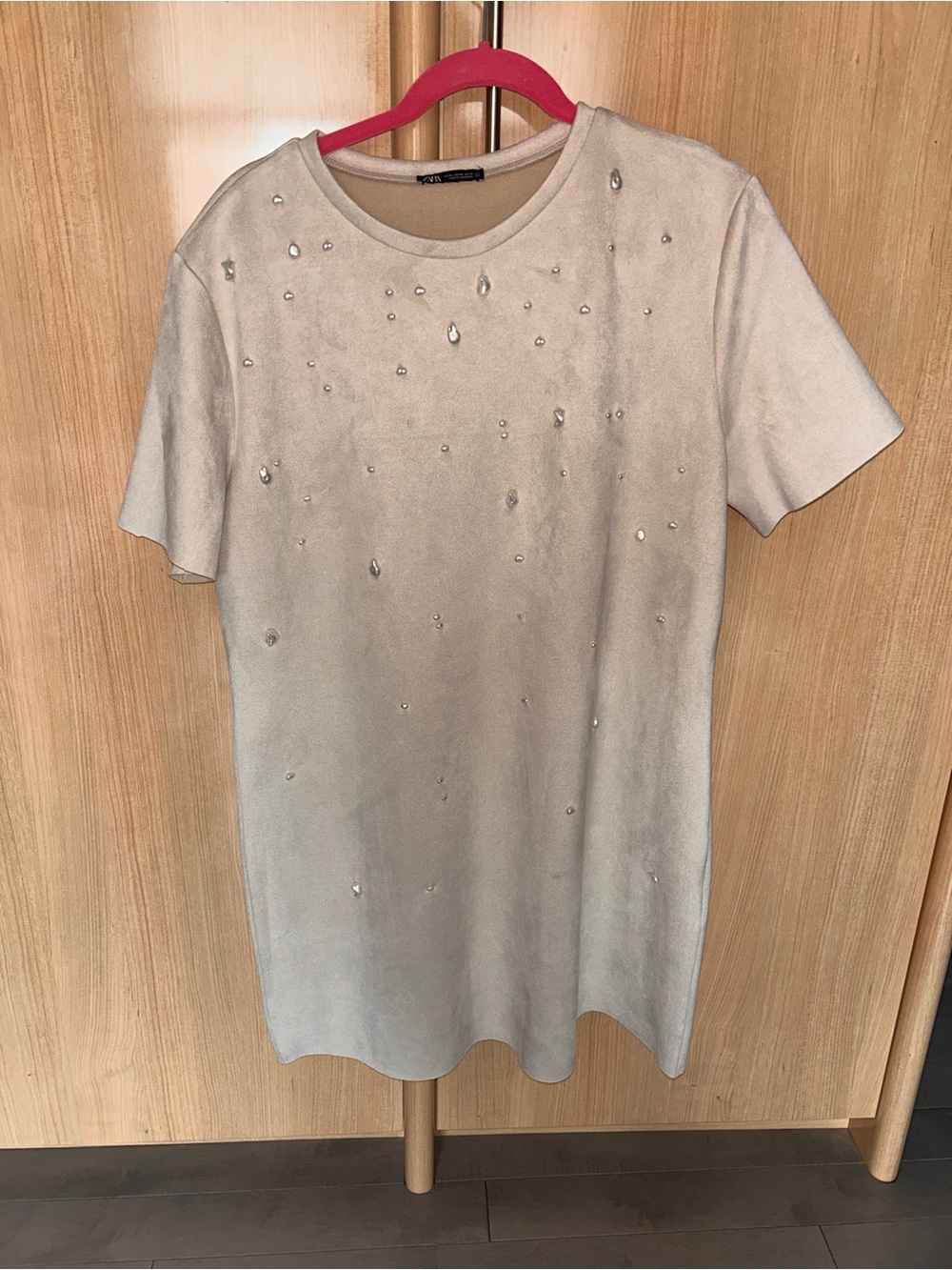 Zara Light Beige Short Sleeve Embellished Dress/ suede